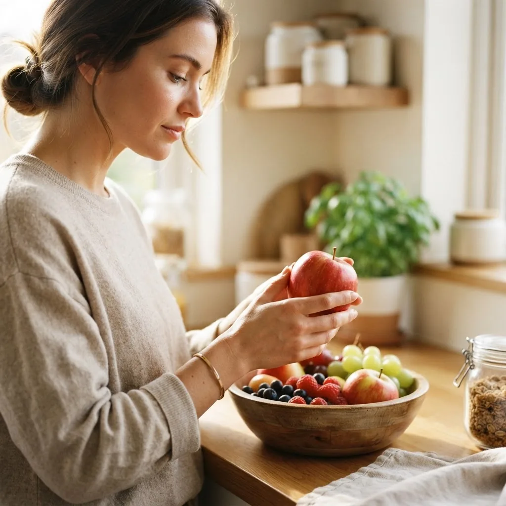a person thoughtfully choosing a fresh fruit snack (e.g., apple or berries) in a bright kitchen environment, hands holding snack, soft