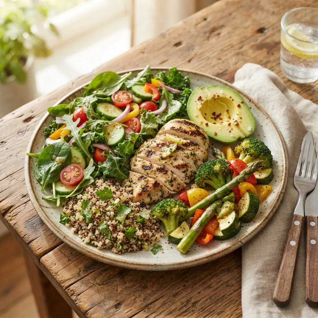 a colorful plate featuring a balanced variety of weight loss-promoting foods: grilled chicken, leafy greens, avocado slices, colorful
