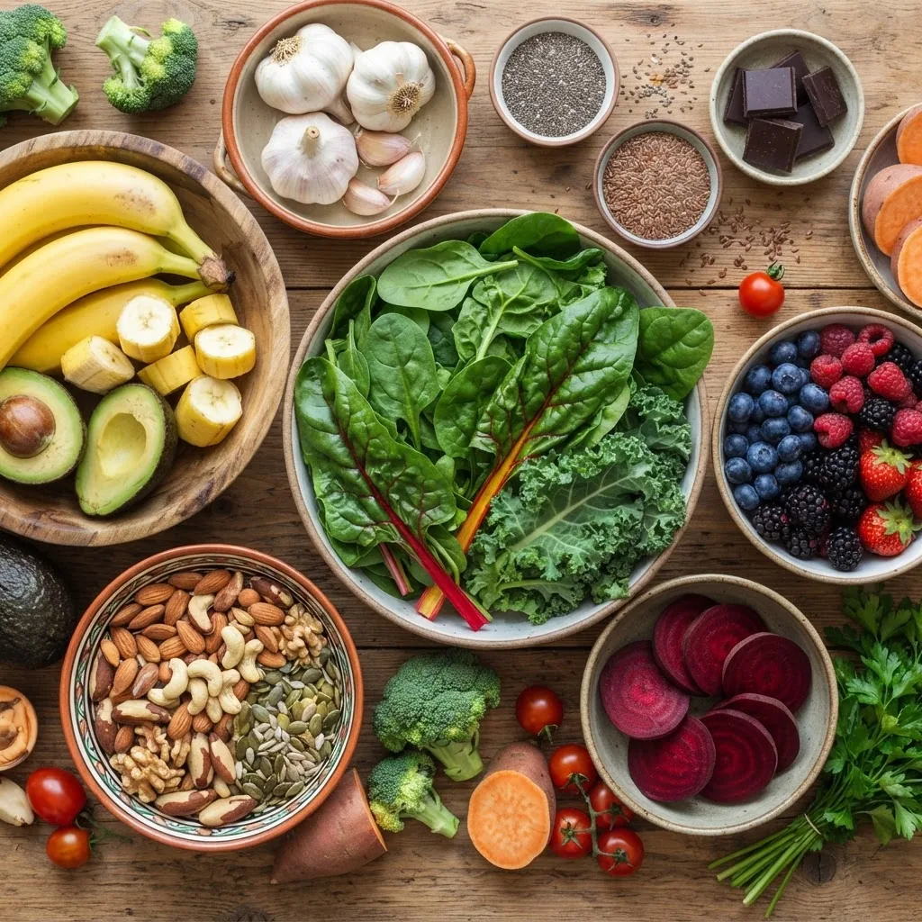 colorful top-down view of a wooden table displaying a variety of fresh potassium and magnesium-rich foods like bananas, leafy greens, nuts,