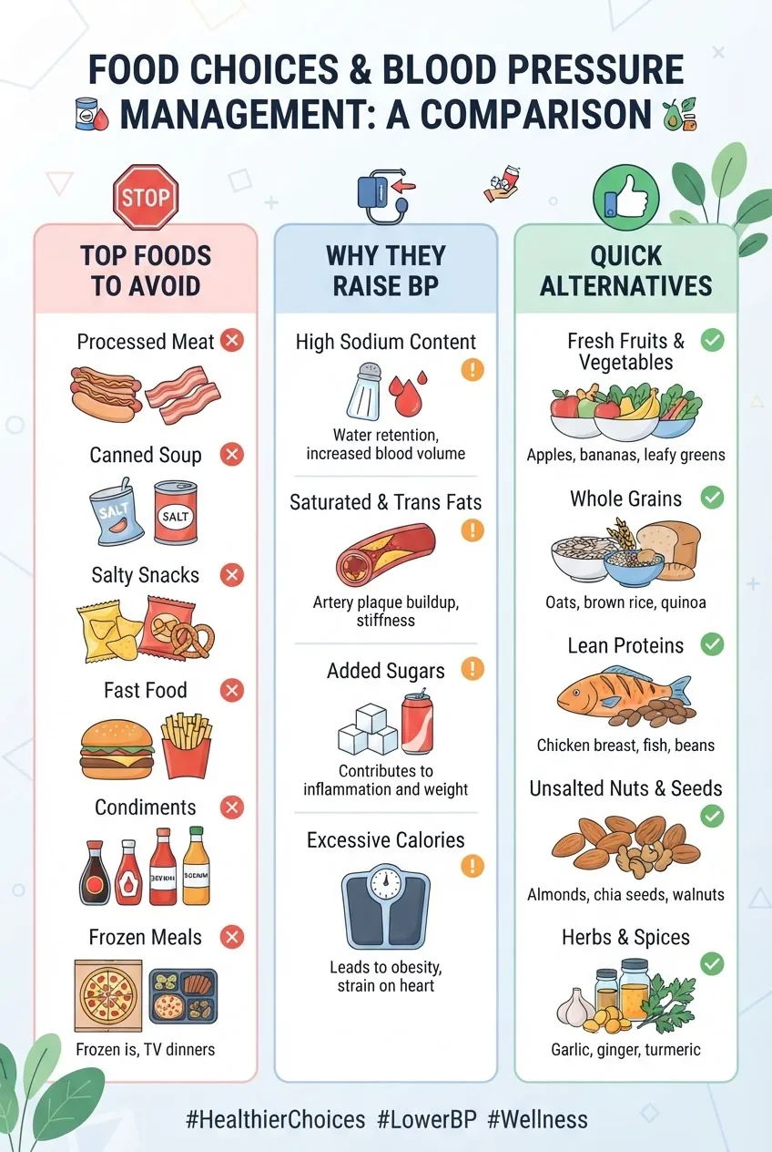 shows a three-column comparison: 1) "Top Foods to Avoid" with icons and examples (processed meat, canned soup, salty snacks), 2) "Why They