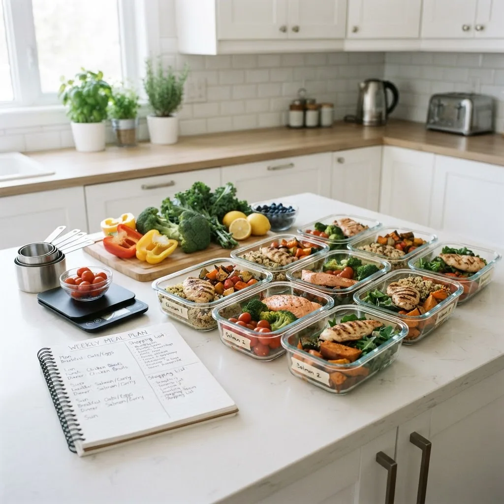 A neatly organized meal prep setup showing a variety of prepped meals in containers alongside measuring cups, a food scale, fresh produce,