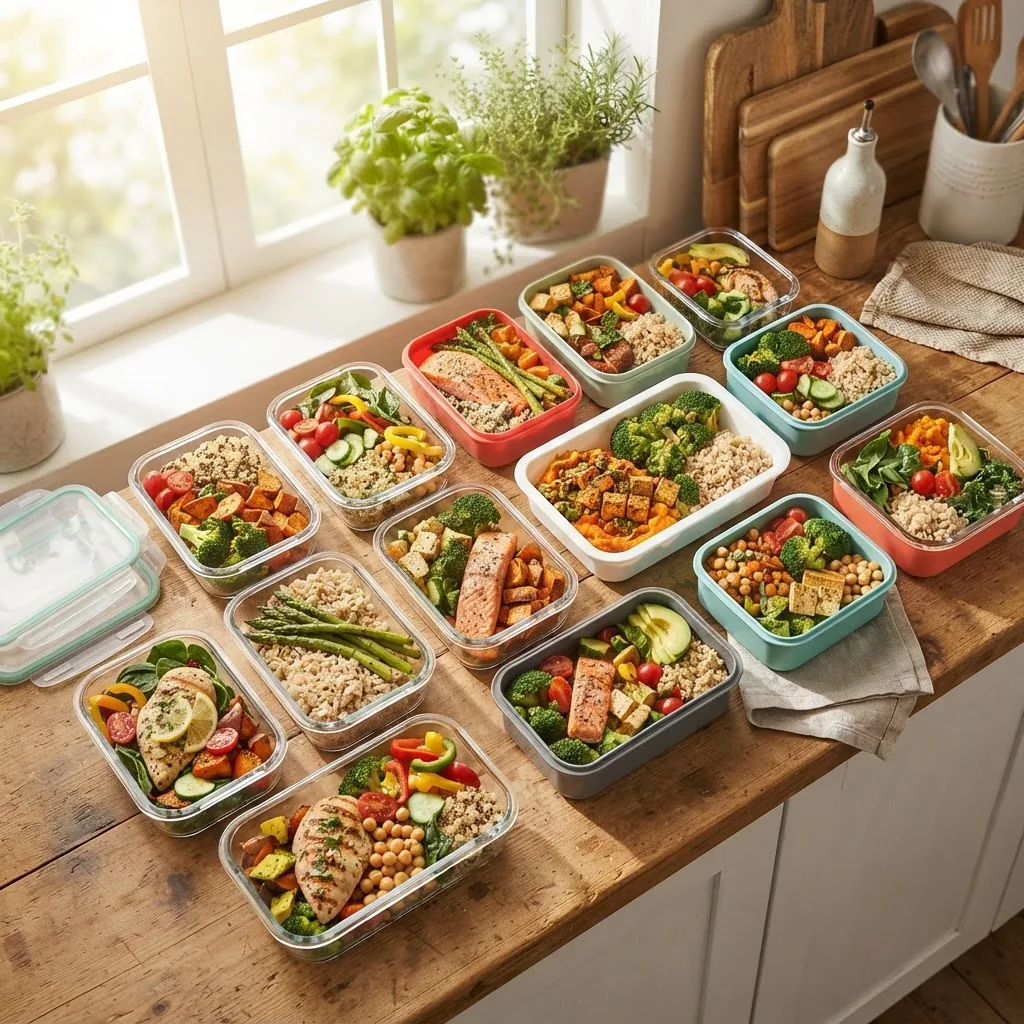Overhead shot of a kitchen counter with diverse colorful containers filled with pre-portioned healthy meals including vegetables, lean