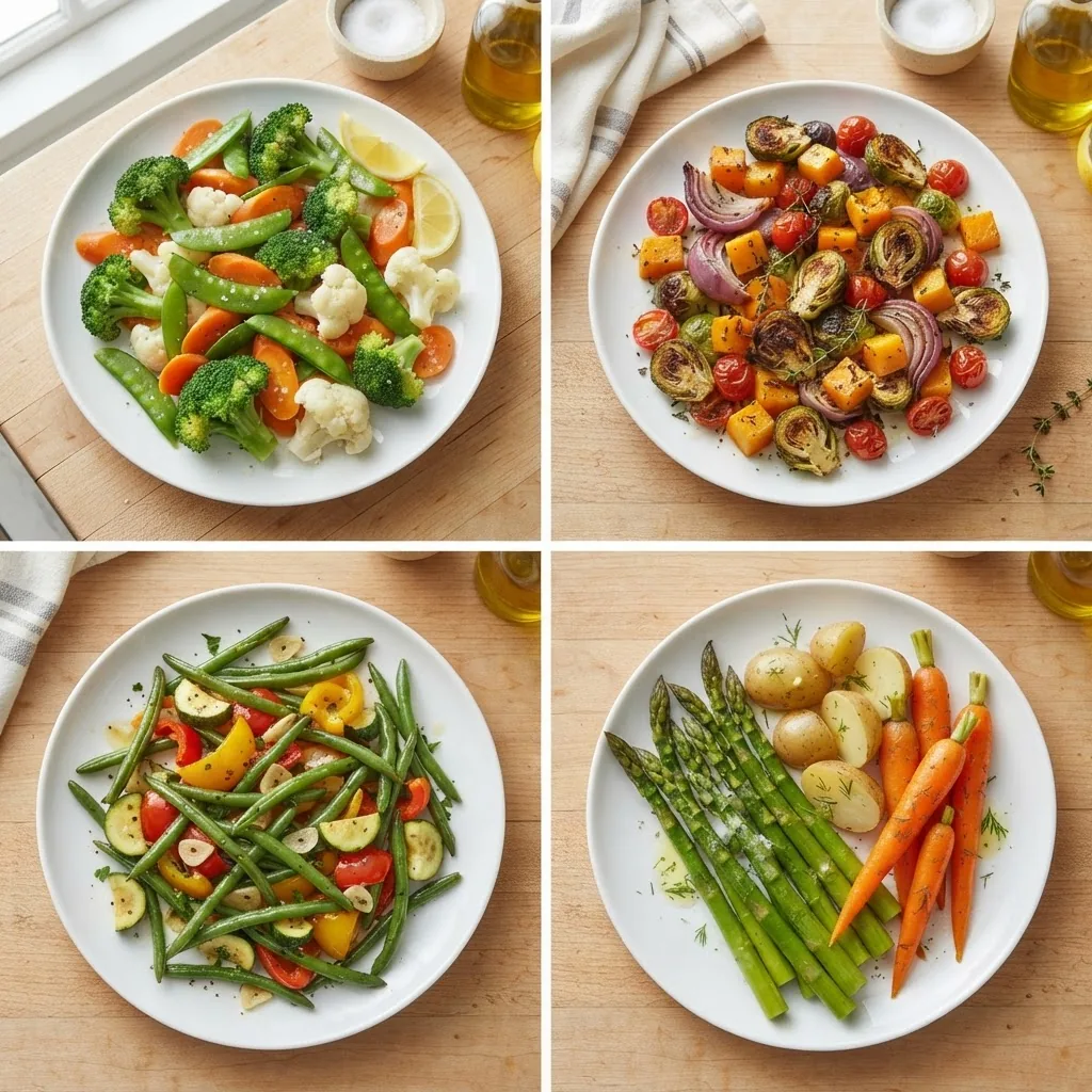a variety of cooked vegetables displayed on white plates illustrating steaming, roasting, sautéing, and boiling, each plate showing vibrant