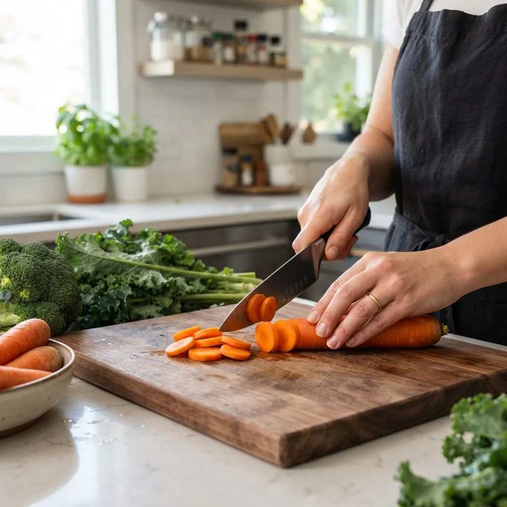 a kitchen counter with fresh vegetables (carrots, broccoli, leafy greens), a sharp chef’s knife cutting a carrot into slices on a wooden