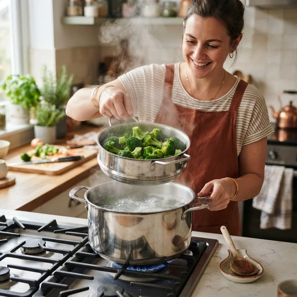 a home cook lifting a steamer basket from a pot of boiling water, plump broccoli florets steaming, stainless-steel pot and wooden spoon