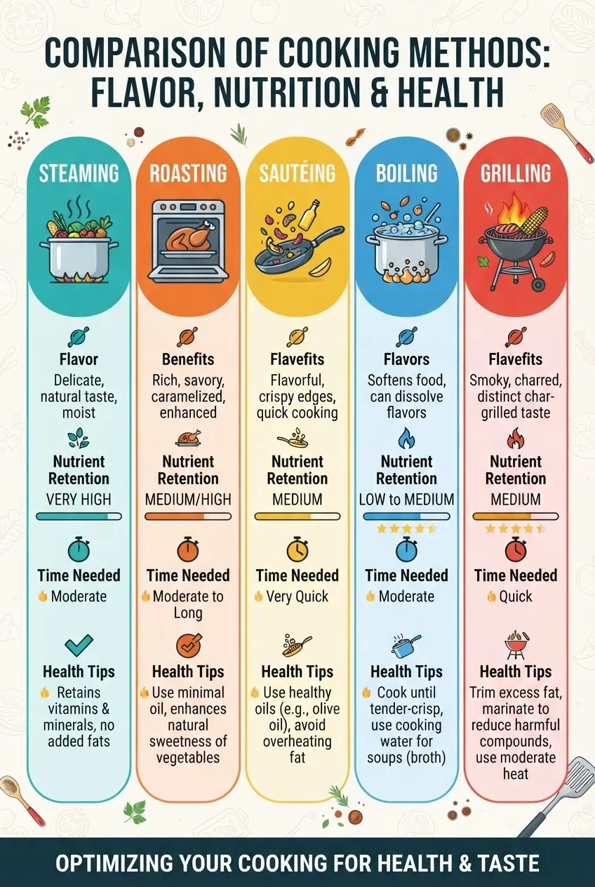 Infographic with five vertical sections comparing cooking methods (steaming, roasting, sautéing, boiling, grilling): each section has