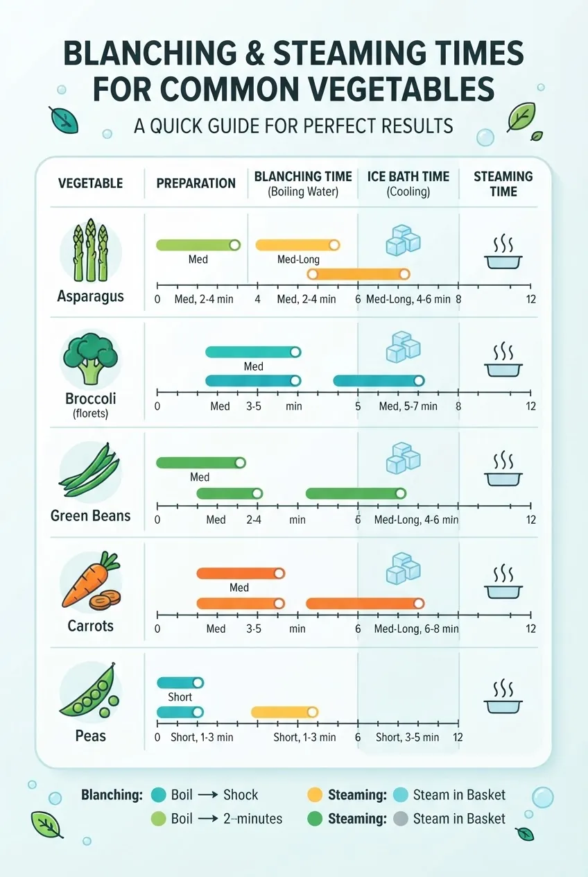 charts blanching and steaming times for common vegetables (asparagus, broccoli, green beans, carrots, peas), showing boiling time in one