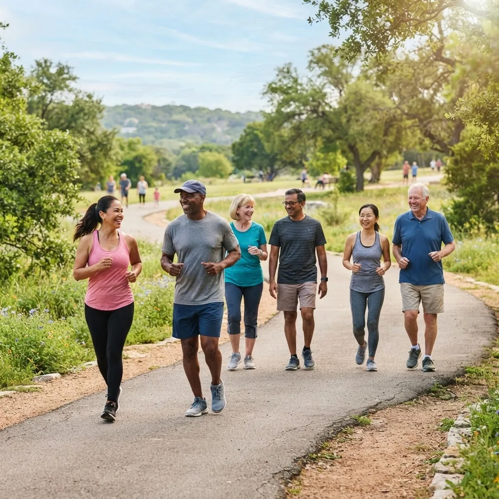 A diverse group of middle-aged adults engaging in outdoor walking and light jogging on a sunny Texas park trail, smiling and wearing casual