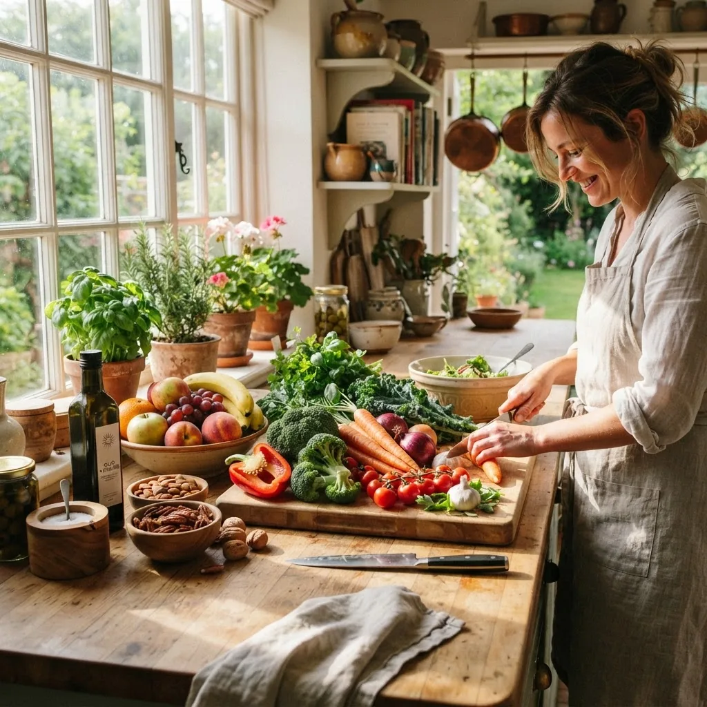 A colorful kitchen scene featuring fresh whole fruits, vegetables, nuts, and healthy fats like olive oil on a wooden counter with natural