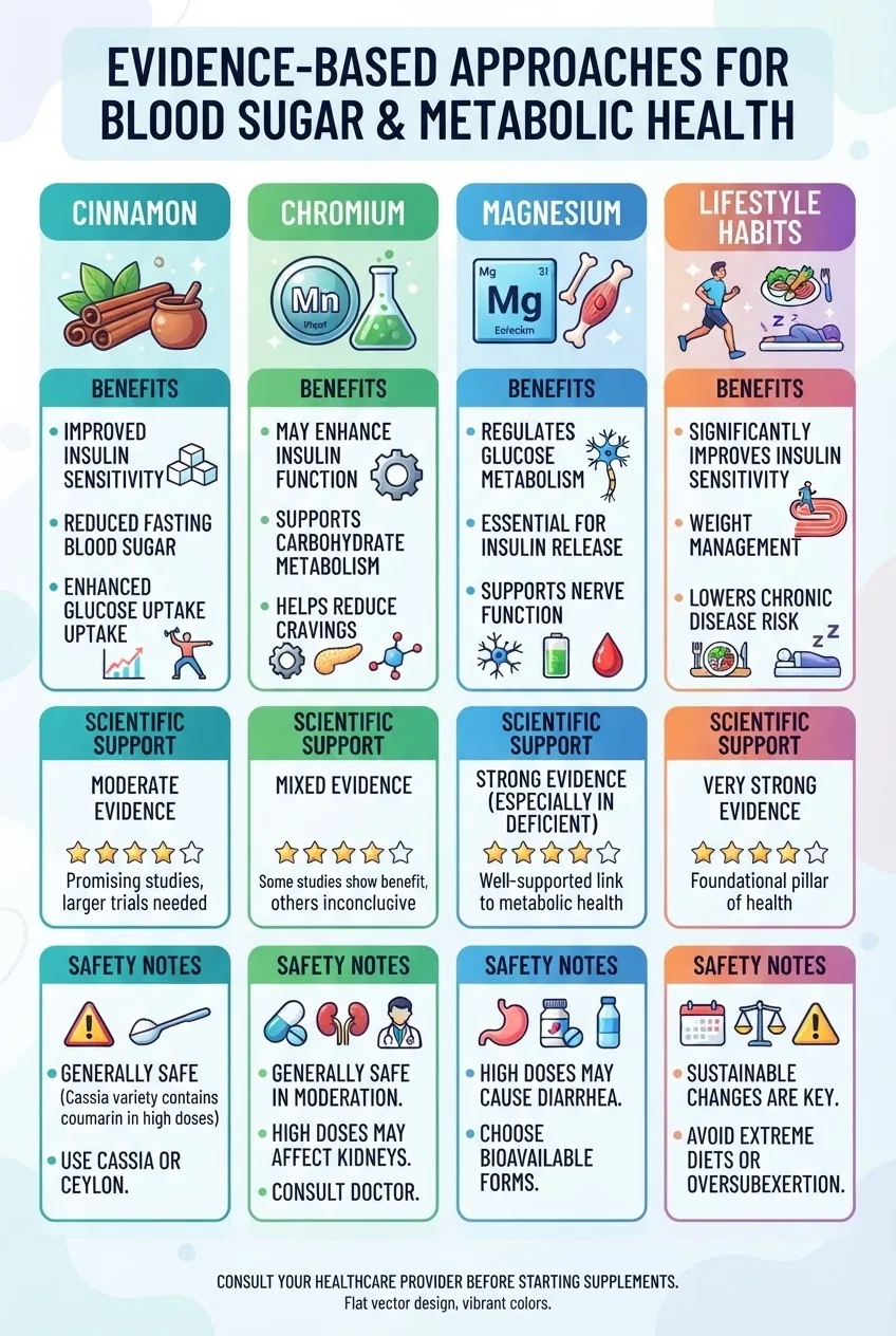 An infographic with a four-column layout, each column featuring an icon and data points summarizing evidence for cinnamon, chromium,