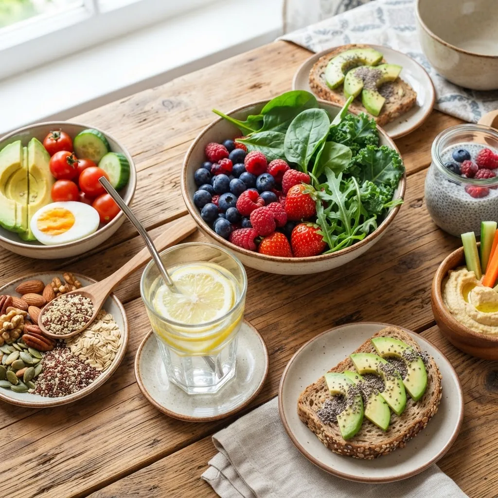 Close-up overhead shot of a colorful spread of low glycemic foods including berries, leafy greens, nuts, whole grains, and a glass of water