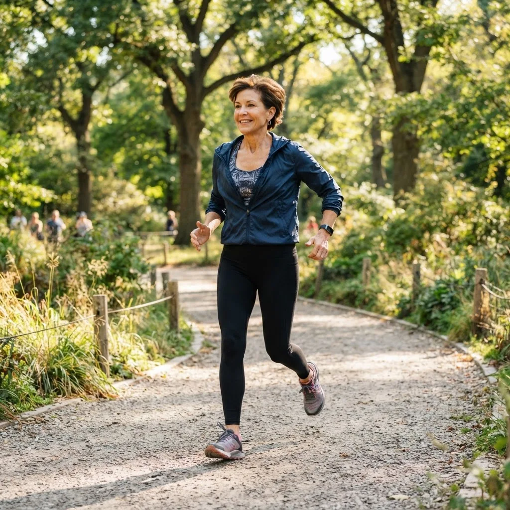 A middle-aged person in athletic wear walking briskly outdoors on a sunny day, mid-stride on a park trail, natural lighting, conveying