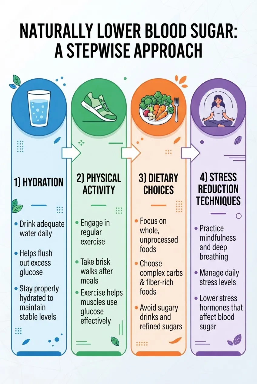 A clean, modern infographic with four vertical sections showing: 1) Hydration (icon of water glass), 2) Physical activity (walking shoe