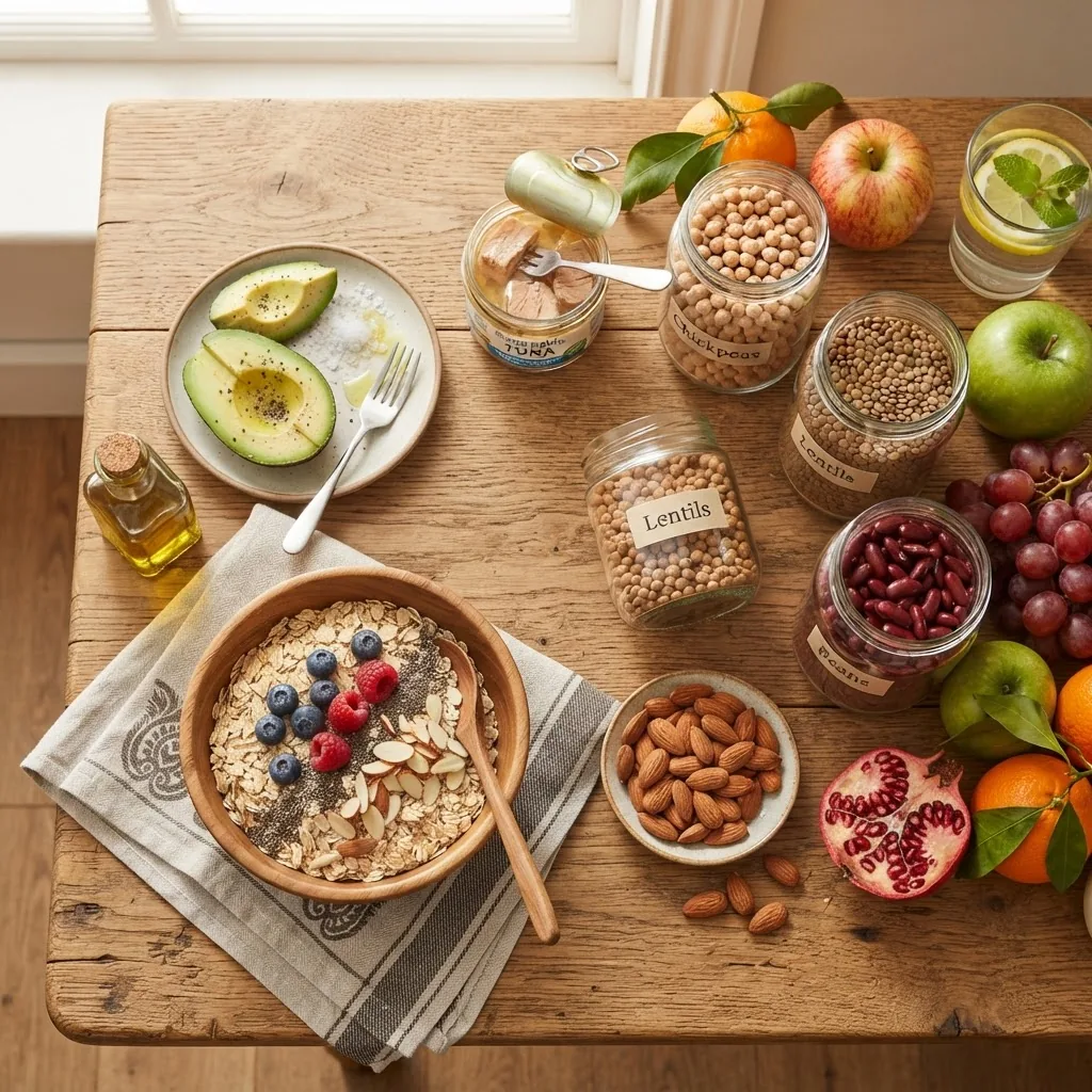 A vibrant flat lay of assorted cholesterol-lowering foods including avocado slices, almonds, canned tuna, oats in a wooden bowl, legumes in