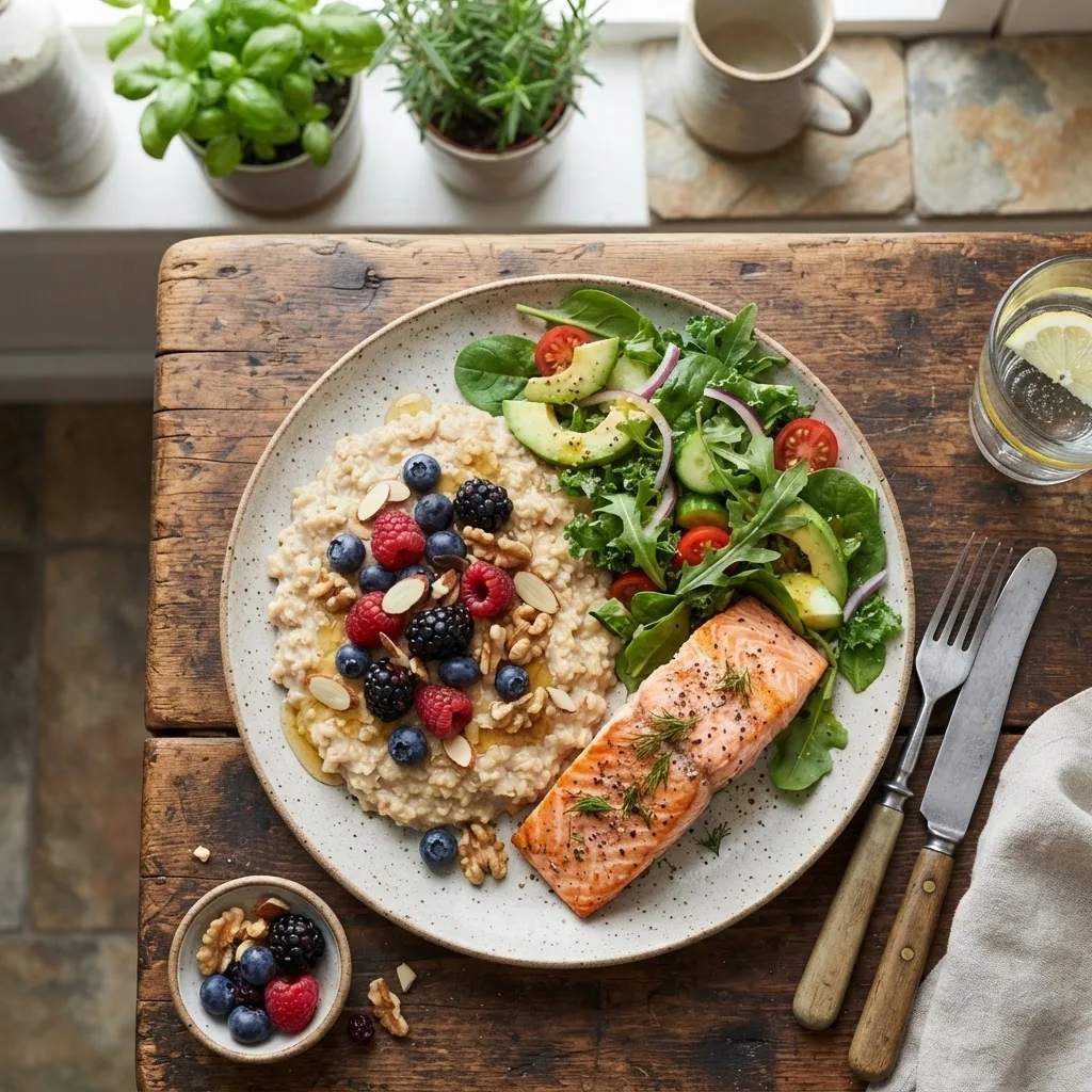 A top-down view of a colorful, heart-healthy plated meal with oatmeal, berries, nuts, leafy greens, and a small portion of grilled salmon