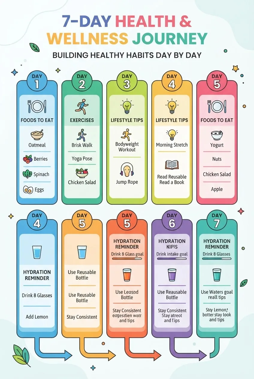 A 7-column infographic each representing a day, listing 3-4 steps per day including foods to eat, exercises, lifestyle tips, and hydration