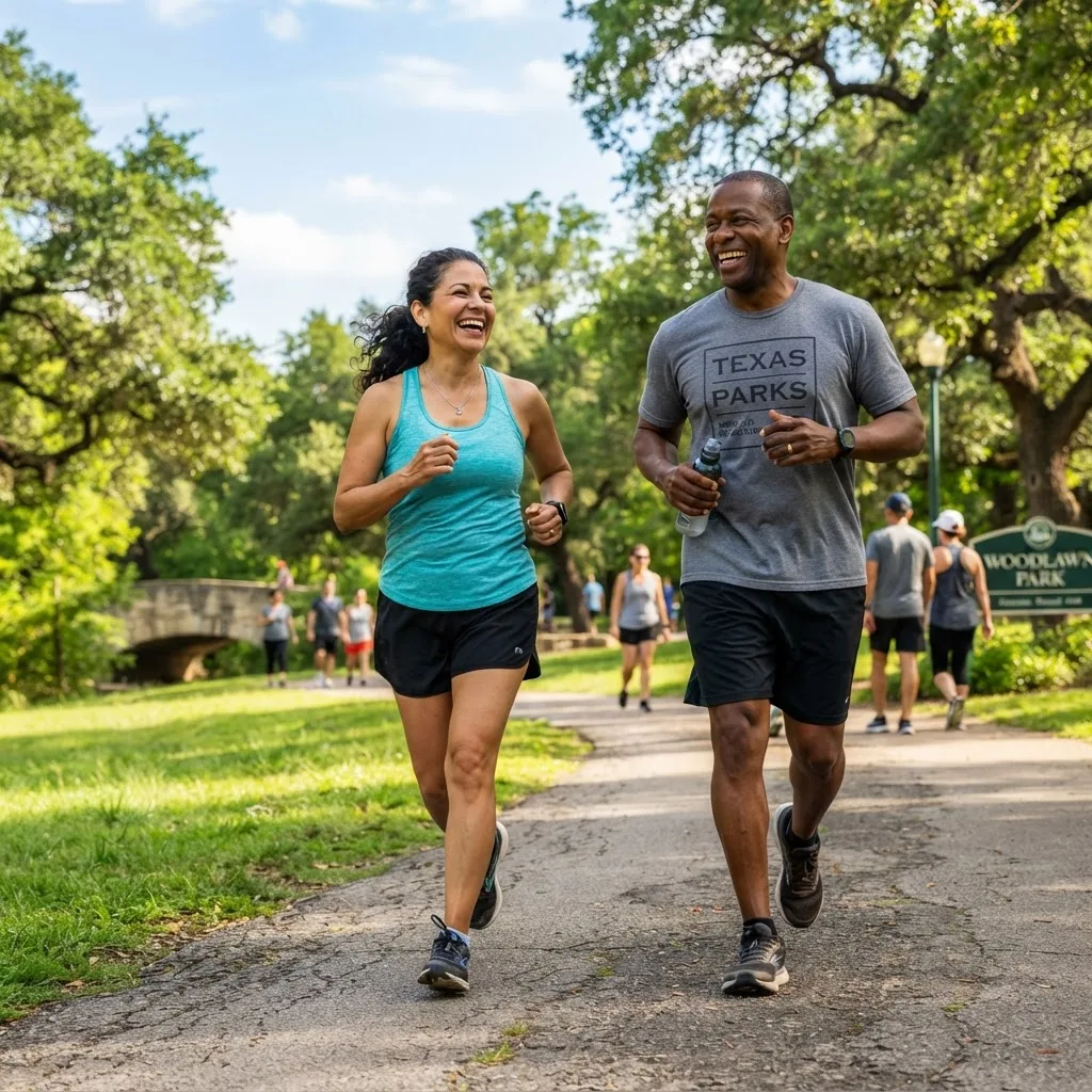a diverse middle-aged Texas couple exercising outdoors in a park, joyful expressions, wearing casual workout clothes on a sunny day with