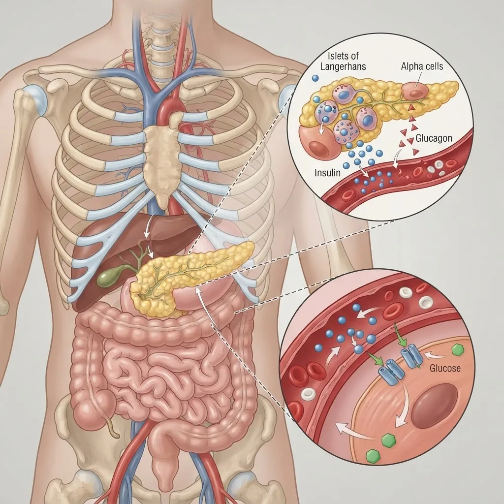 a human torso highlighting the pancreas and blood vessels, depicting insulin production and blood sugar regulation, with soft natural