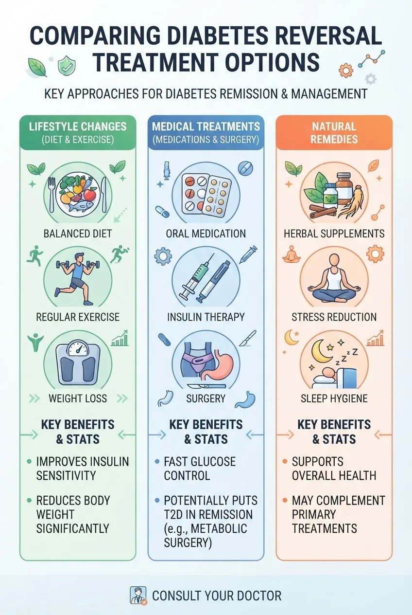 An infographic comparing diabetes reversal treatment options in a three-column layout: (1) Lifestyle Changes (diet, exercise), (2) Medical