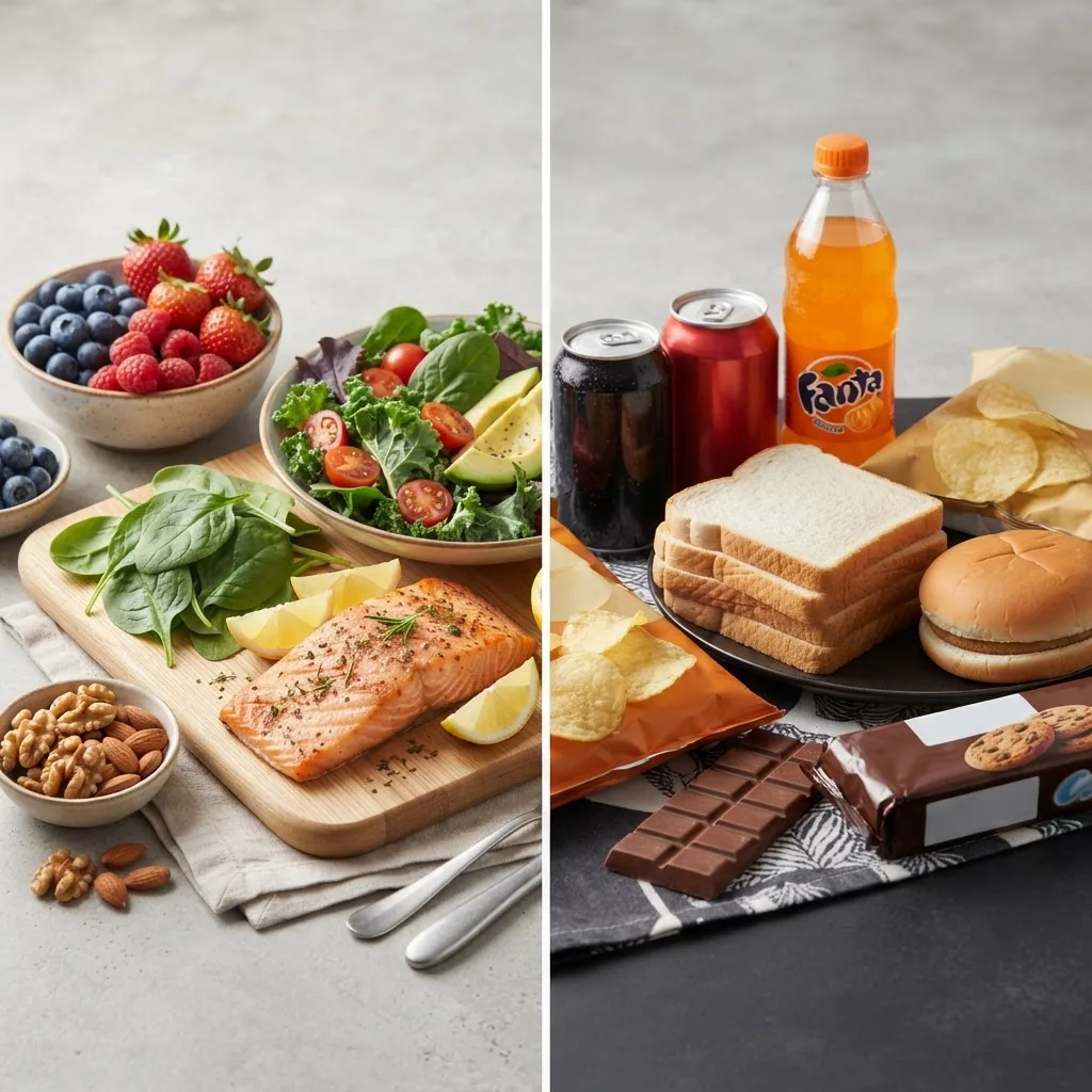Split-frame image with healthy insulin-friendly foods on one side (berries, leafy greens, salmon, walnuts) and common insulin