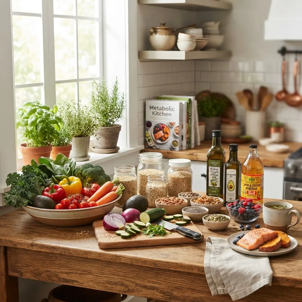 A bright, inviting kitchen scene showing a colorful assortment of fresh vegetables, nuts, whole grains, and healthy oils on a wooden
