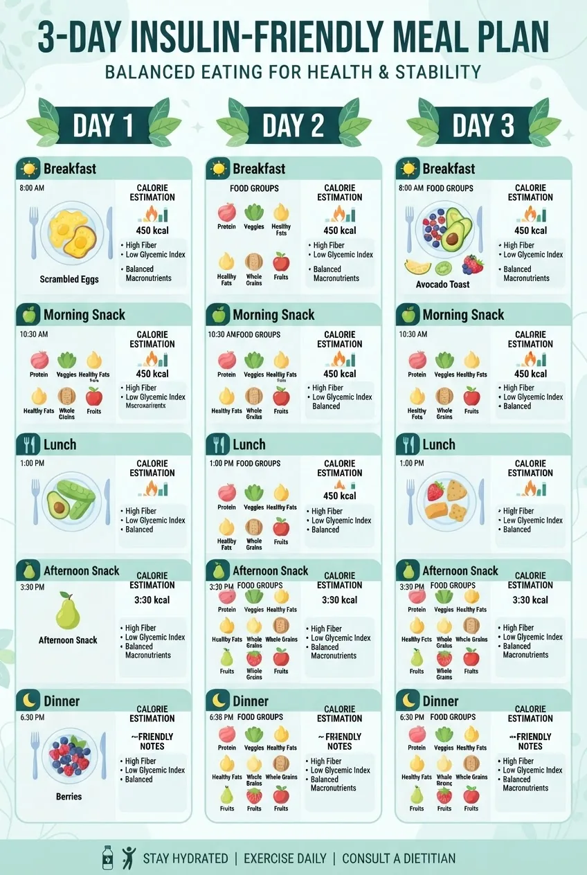 A clean infographic structured as a three-day meal plan with 3 main meals and 2 snacks per day; each meal section includes icons