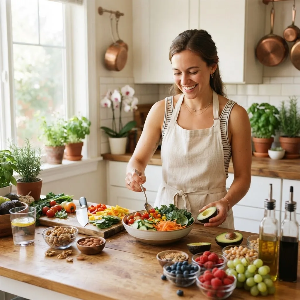 bright, clean kitchen scene showing a person preparing a healthy meal/snack with fresh vegetables, nuts, and fruits, illustrating practical