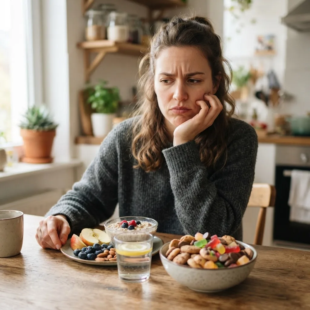 a person looking contemplative while sitting at a kitchen table with healthy foods and a small bowl of sugary snacks in front, soft natural