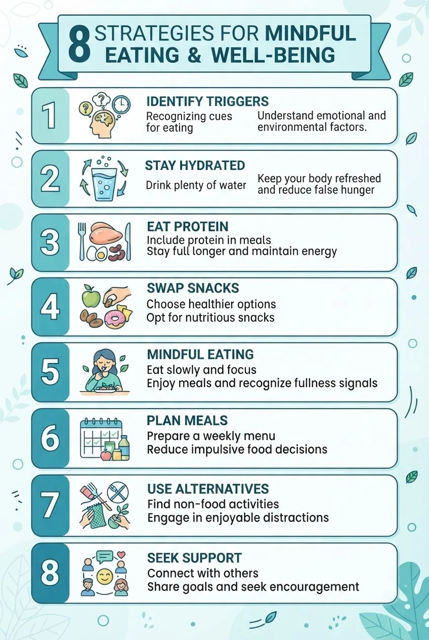A vertical infographic with 8 clear numbered steps depicted with simple icons and brief captions, illustrating strategies like identify