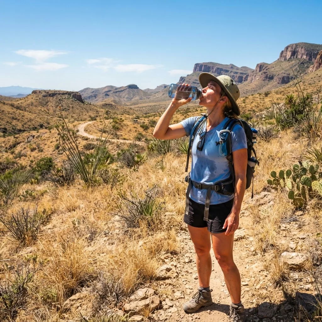 A scenic outdoor Texas desert landscape under bright midday sun, showing dry grass and a person drinking water from a bottle, emphasizing