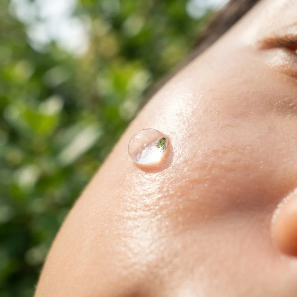 Close-up of a transparent water droplet on healthy, hydrated skin with natural sunlight highlighting freshness and clarity, soft green