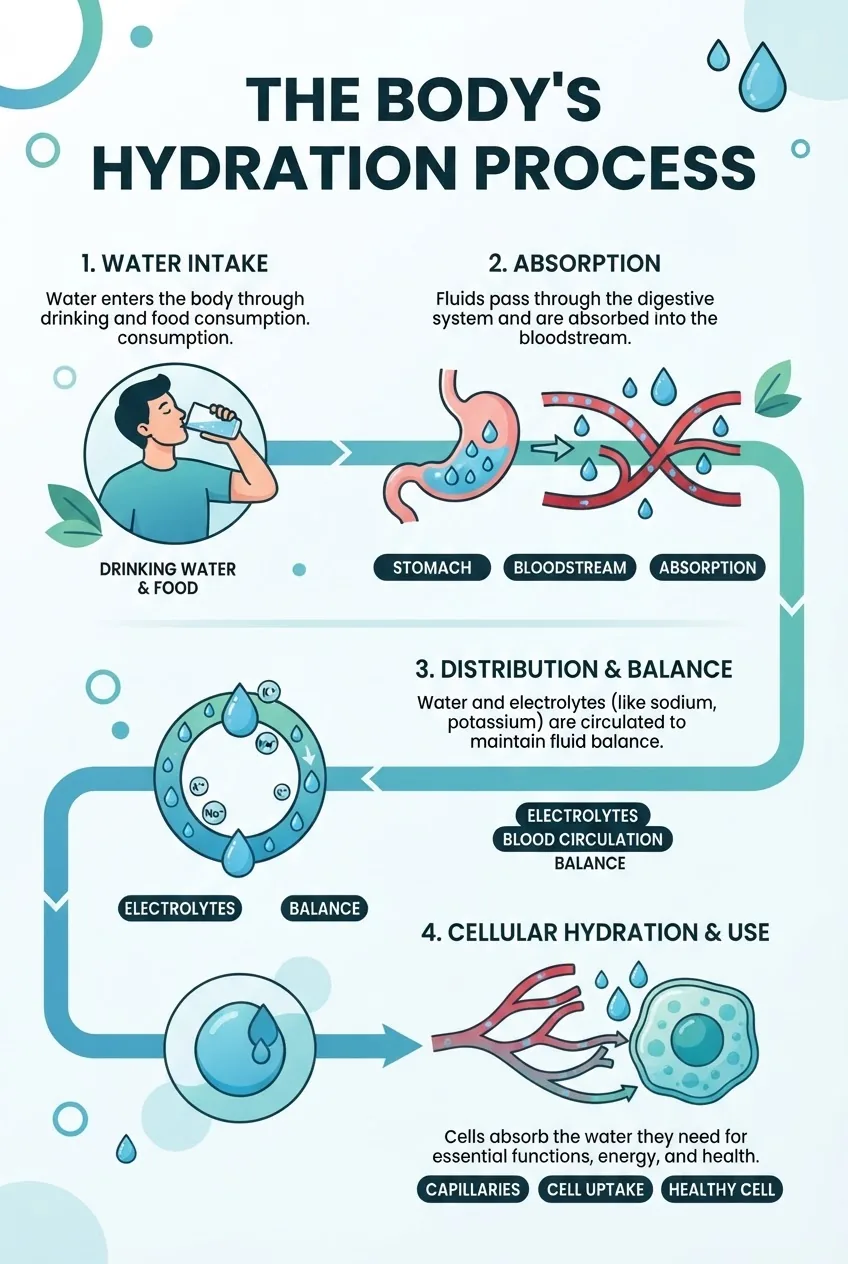 Infographic illustrating hydration process: a stepwise flow showing water intake, absorption into bloodstream, electrolyte balance, kidney