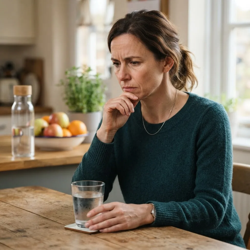 Close-up photo of a concerned adult woman sitting at a kitchen table with a glass of water, looking contemplative, indoors natural