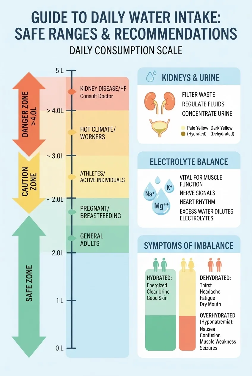 A visually clear infographic showing a graduated scale of daily water intake with safe ranges marked for general adults, athletes, and