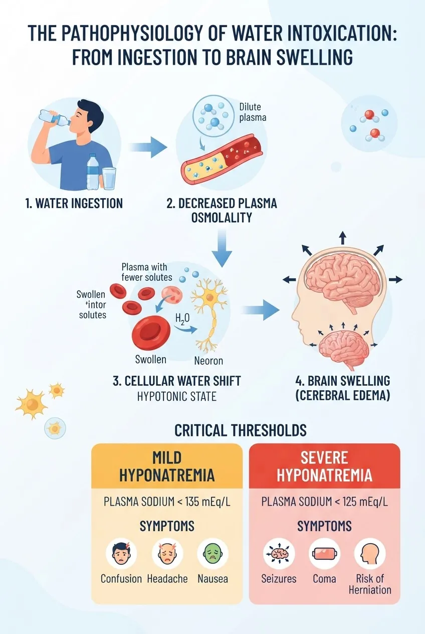 shows water ingestion → decreased plasma osmolality → cellular water shift, highlighting brain swelling and key thresholds (plasma sodium