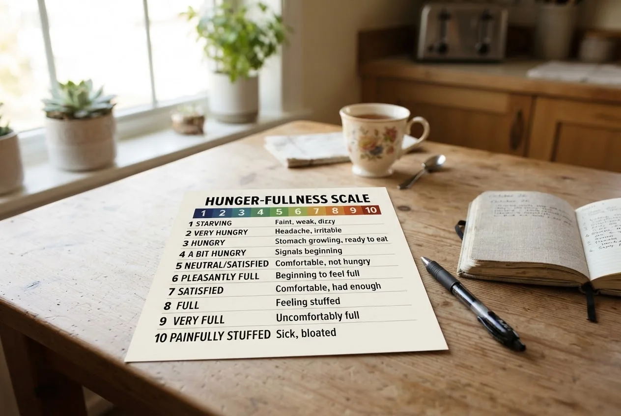 a printed Hunger-Fullness Scale chart on a kitchen table, numbered 1-10 with short descriptive labels under each number; include a pen and