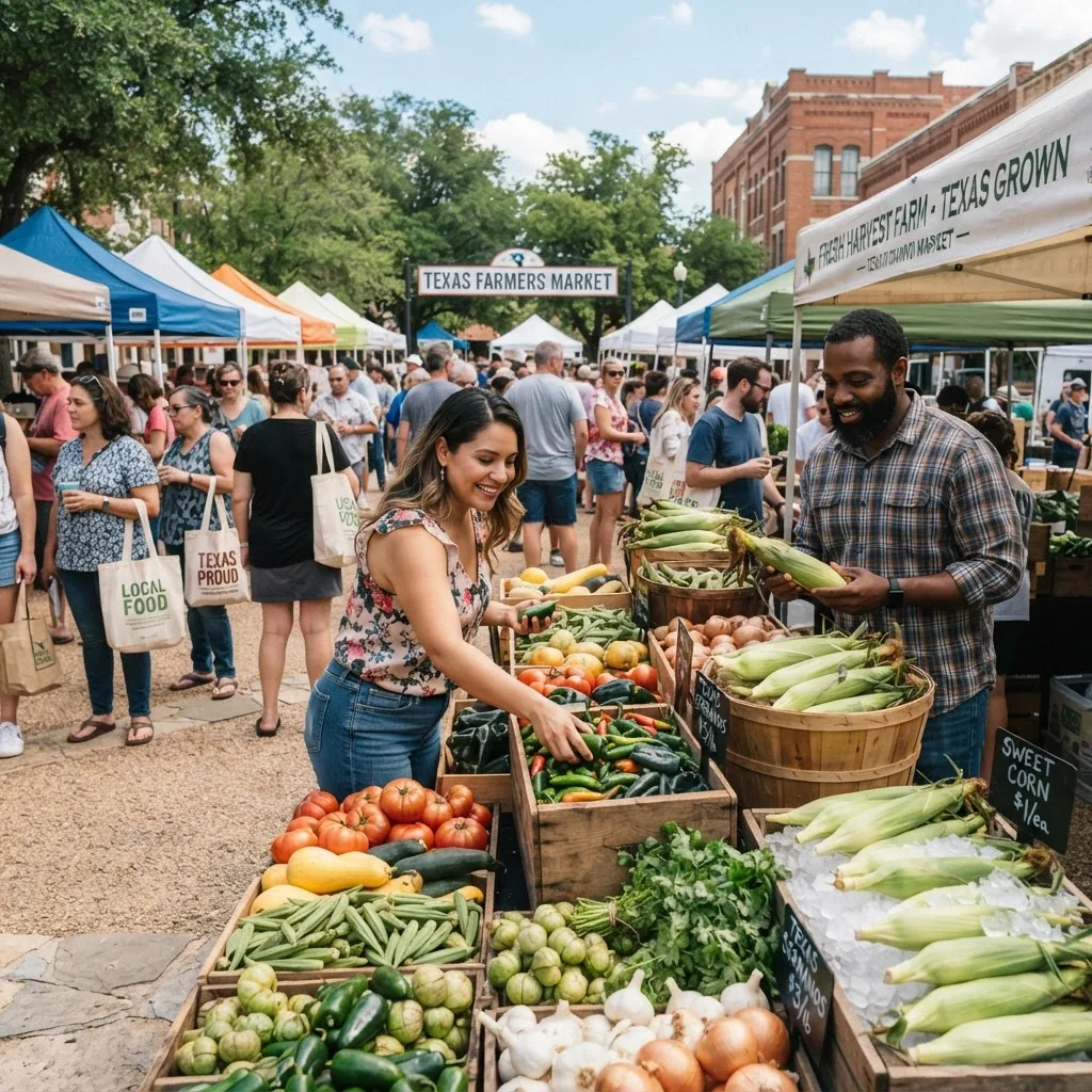 n outdoor Texas farmers market scene, mid-day light, showing people selecting fresh produce including culturally relevant foods like