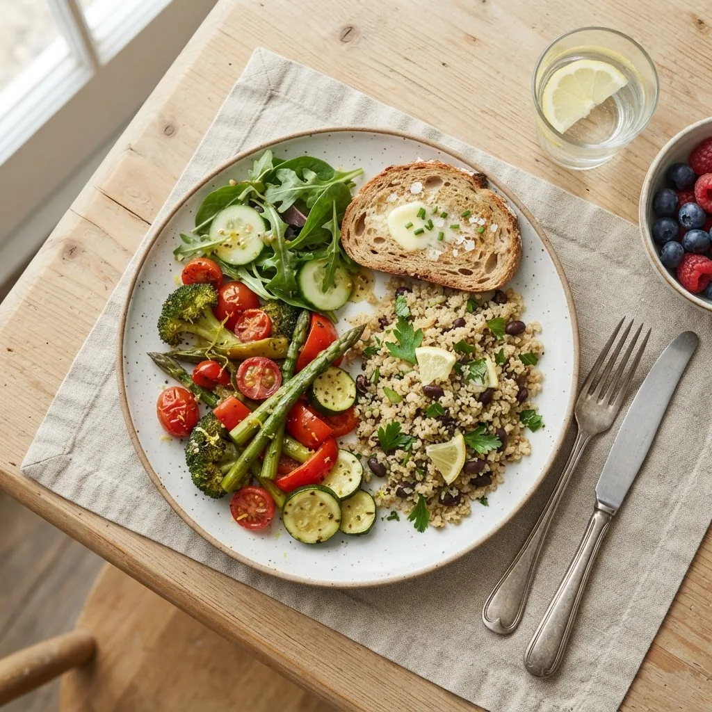 Overhead shot of a balanced meal plate featuring vegetables, whole grains, and a small portion of buttered toast, bright and clean