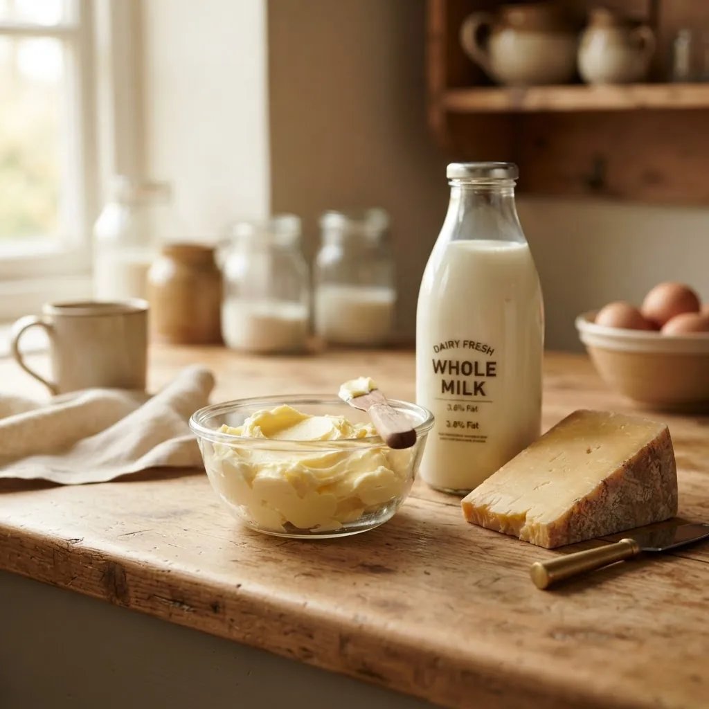 Close-up, well-lit kitchen scene showing a glass bowl of creamy butter next to whole milk and a block of cheese on a wooden countertop,