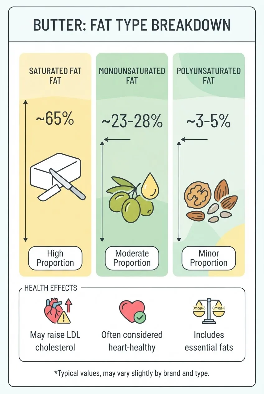 A three-column infographic showing percentage breakdown of butter fat types: saturated fat (largest column with icon of solid fat),