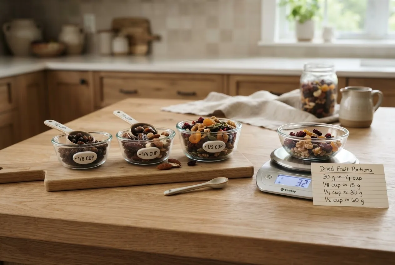 a kitchen counter showing measured portions of dried fruits—1/8 cup, 1/4 cup, 1/2 cup—arranged with a small scale and a handwritten portion