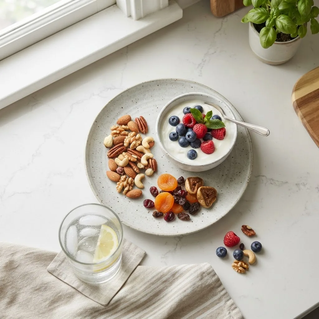 Overhead shot of a healthy snack plate on a light kitchen countertop, featuring a small handful of mixed dried fruits, handful of nuts, a