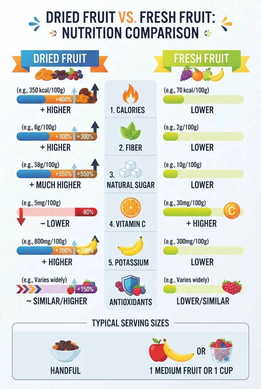 A clean, colorful infographic featuring two columns labeled “Dried Fruit” and “Fresh Fruit” comparing calories, fiber, natural sugar,