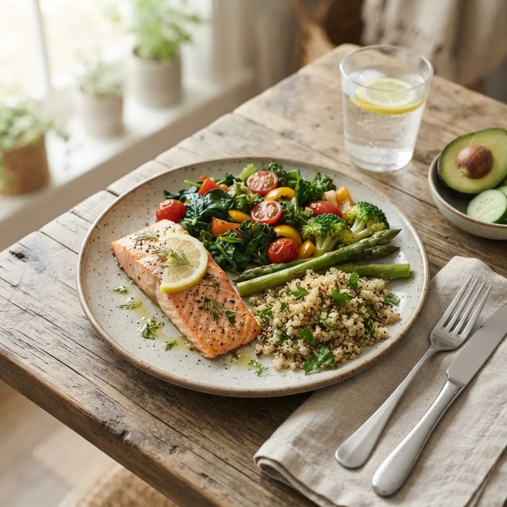 Photo of a healthy meal plate typical for a diabetic breaking a fast, including vegetables, lean protein, and whole grains, on a wooden
