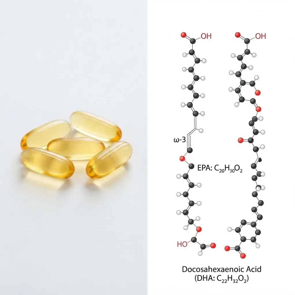 High-resolution side-by-side visual of fish oil softgel capsules next to a molecular diagram illustration of omega-3 fatty acid chains, set