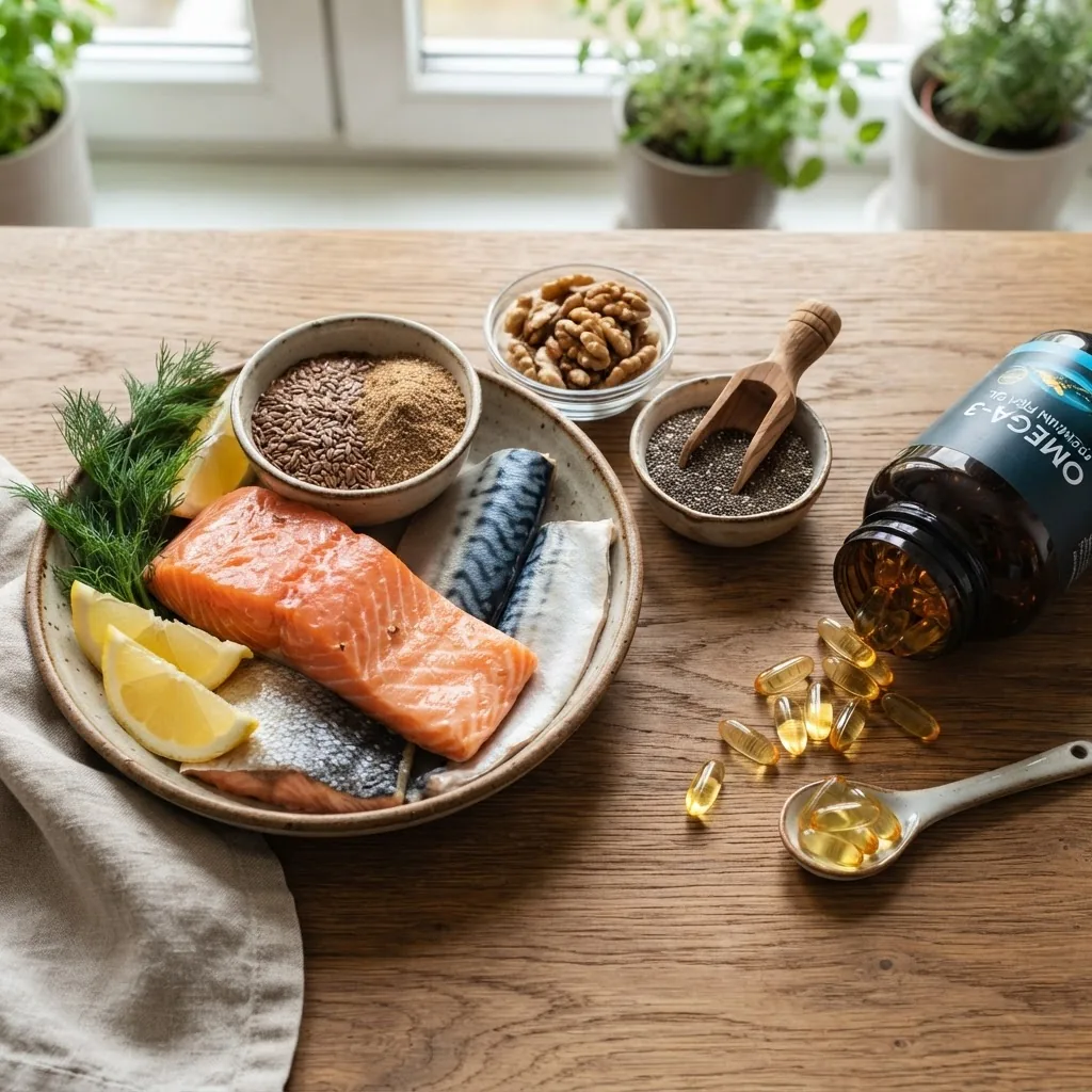 Close-up, well-lit image of a variety of omega-3 rich foods on a wooden table, including oily fish (salmon, mackerel), flaxseeds, walnuts,