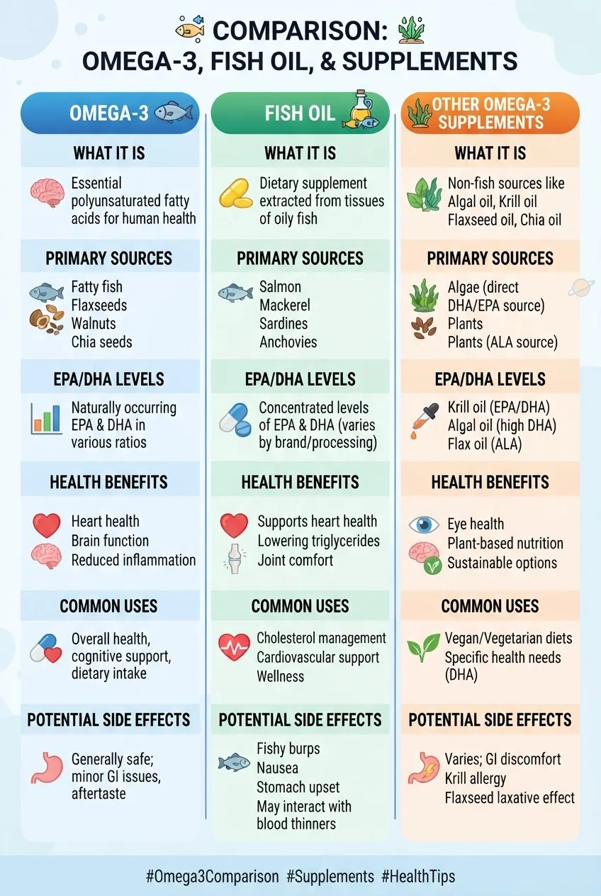 A clean three-column comparison infographic showing "Omega-3," "Fish Oil," and "Other Omega-3 Supplements" columns, each with icons and