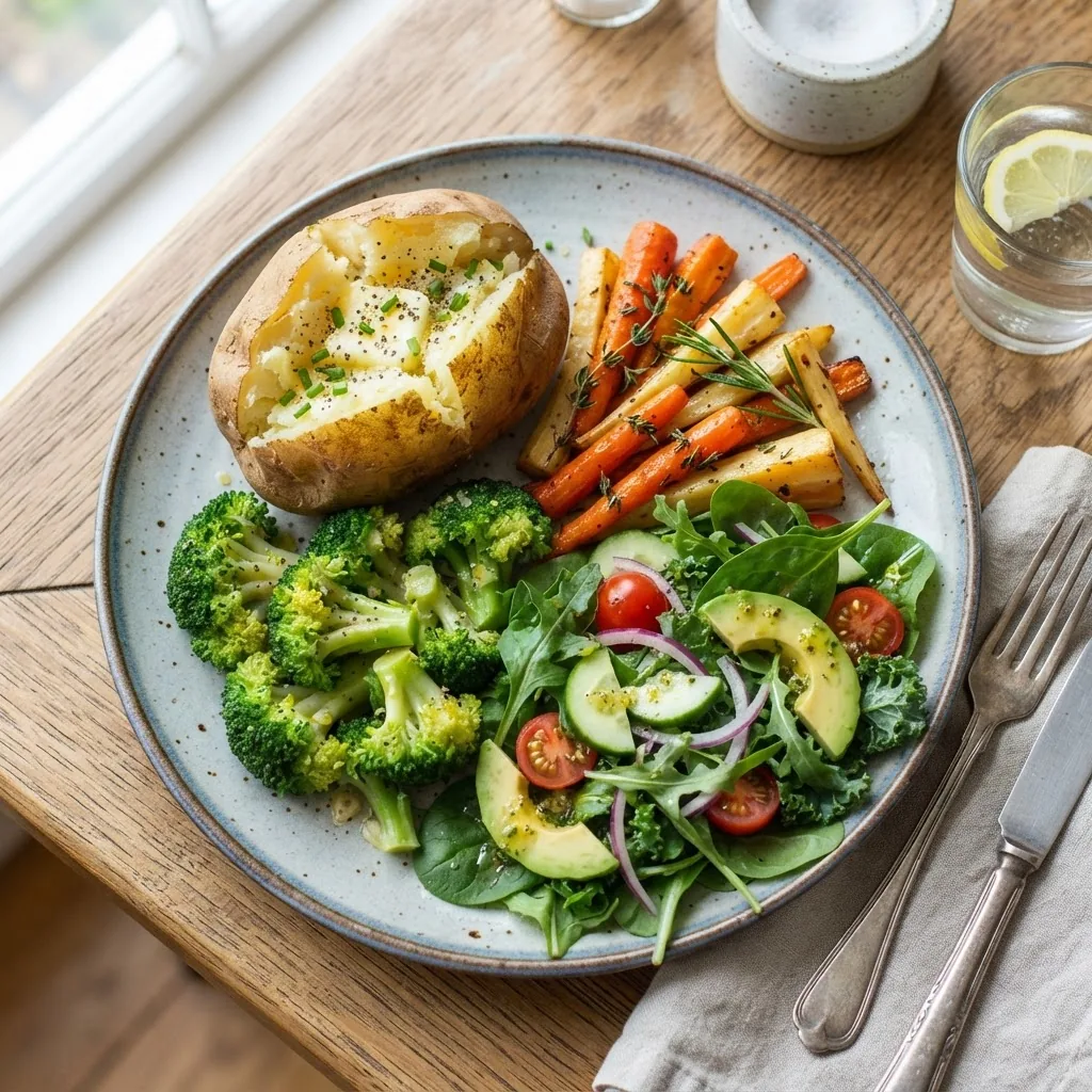 Overhead photo of a balanced plate featuring baked potato, broccoli, carrots, and leafy greens, bright natural lighting, colorful