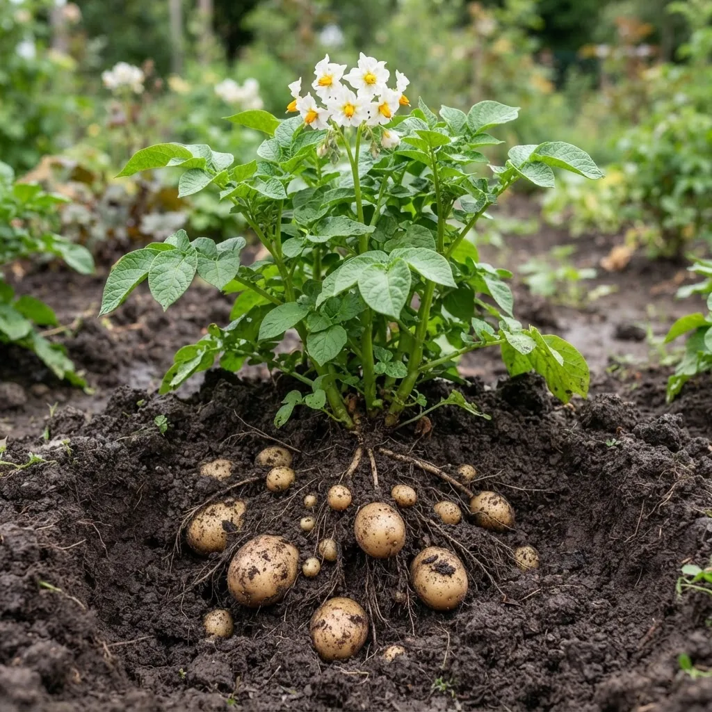 Close-up photo of a whole potato plant showing leaves, flowers, and underground tubers visible in rich soil, natural daylight, fresh garden