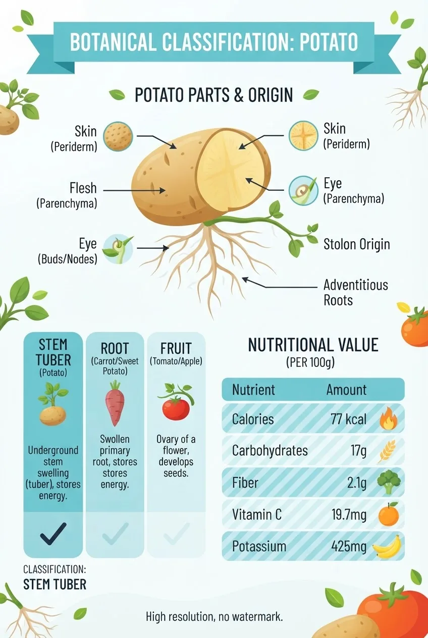 compares botanical classification (stem tuber vs root vs fruit), labels potato parts (skin, flesh, eyes, stolon origin), and includes a